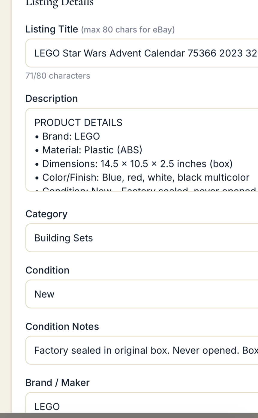 VaultXL listing generator with an eBay-ready title and full description for LEGO Star Wars Advent Calendar 75366